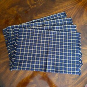 4 Woven Placemats Blue Plaid Beige Fringe 21 x 13 Cotton